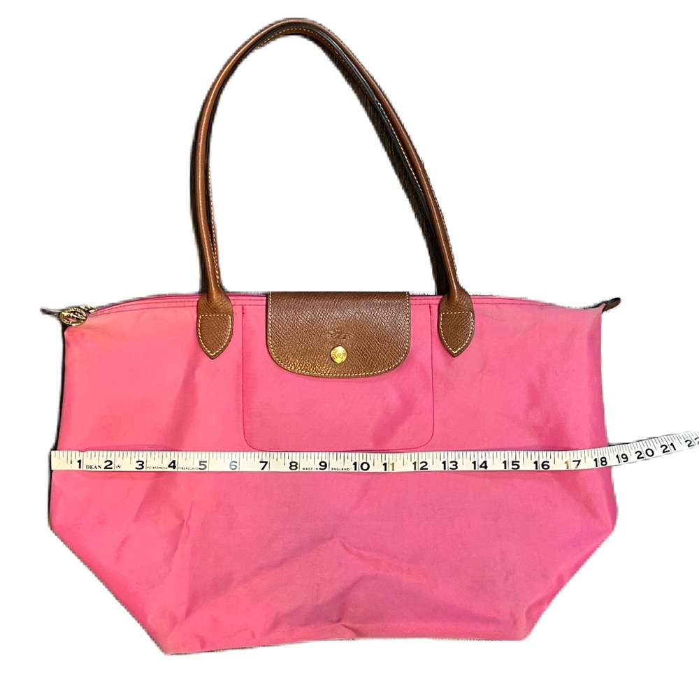 Longchamp Le Pliage Original tote, in pink nylon with brown leather trim. Used - Picture 12 of 14
